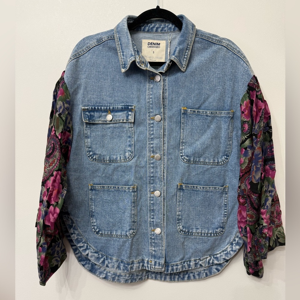 NWT Denim Obsessed Upcycled Jacket with Floral Sleeves